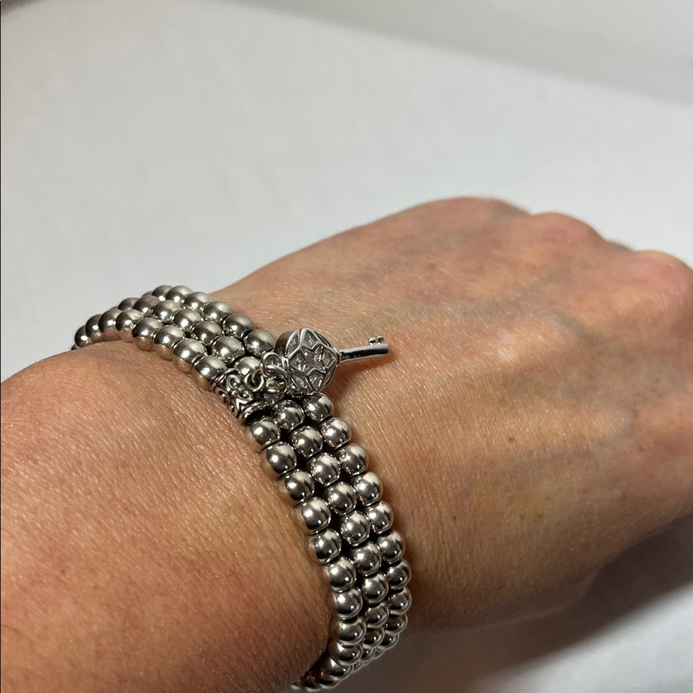 Triple Silver Beaded Wrap Stretch Bracelet w KEY Pendant Cubic Zirconia